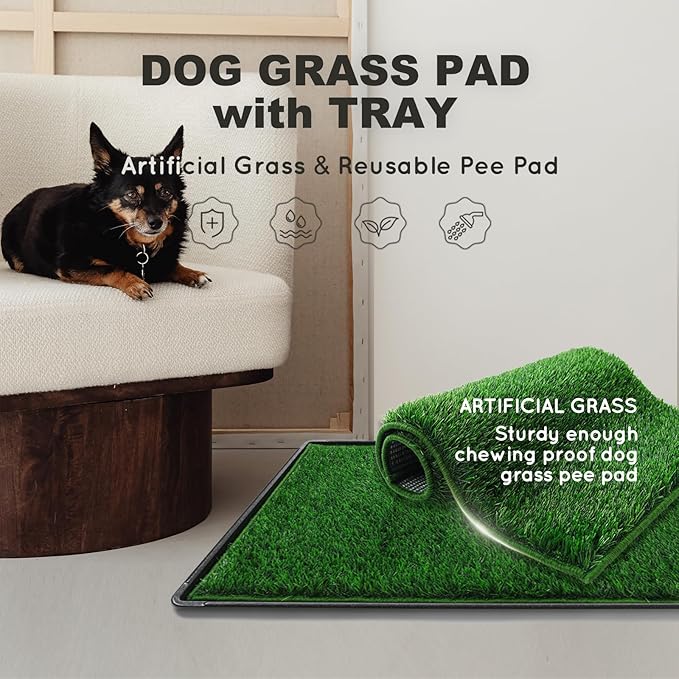 Dog Grass Pad with Tray Small 23" x 16", Ultra-Absorbent Artificial Grass Pad for Dogs Potty(No Grate)Grass Hemmed Edge for Indoor Potty Training Reusable Puppy Pads Dog Litter Box Balcony-PurrikoPets