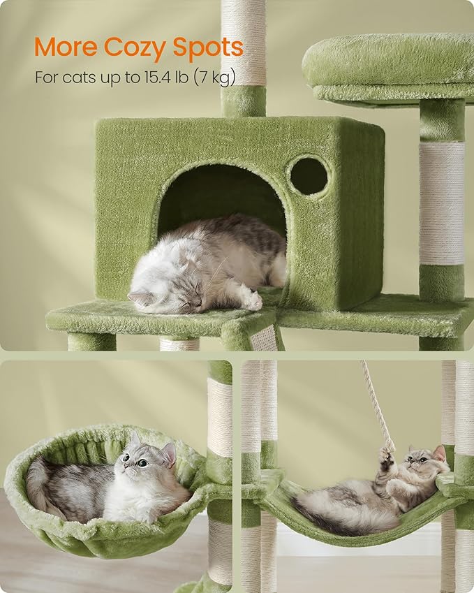 Feandrea Cat Tree, 81.1-Inch Large Cat Tower with 13 Scratching Posts, 2 Perches, 2 Caves, Basket, Hammock, Pompoms, Multi-Level Plush Cat Condo for Indoor Cats, Green UPCT190C01-PurrikoPets