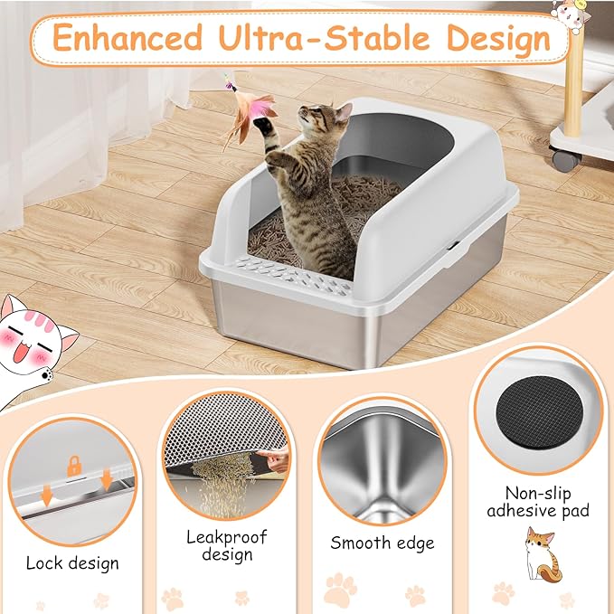 2 Pack Stainless Steel Litter Box, 24'' XL Extra Large Cat Litter Box with Lid, Metal Litter Boxes for Multiple Cats, Anti-Leakage,Non-Stick, Easy to Clean, Included Cat Litter Mat, Scoop-PurrikoPets