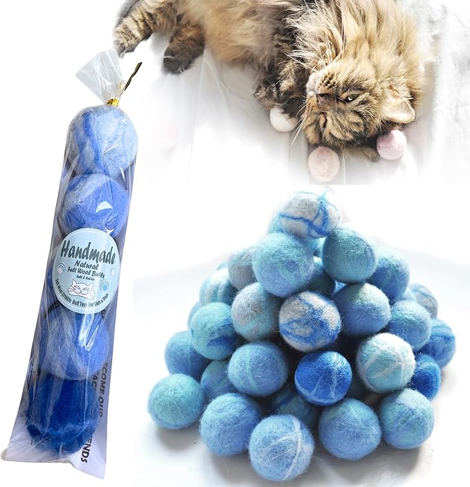 Felt Wool Cat Toys Ball with Catnip and Bell, Natural Handmade (Baby Blue (5 Units))-PurrikoPets