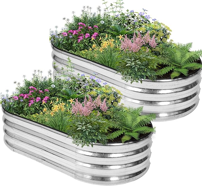 Galvanized Raised Garden Bed - 4×2×1ft (2 Packs) Planter Raised Beds for Gardening | Oval Metal Garden Planter Box with Safety Edging and Gloves for Vegetables Fruits and Flower - Silver-PurrikoPets