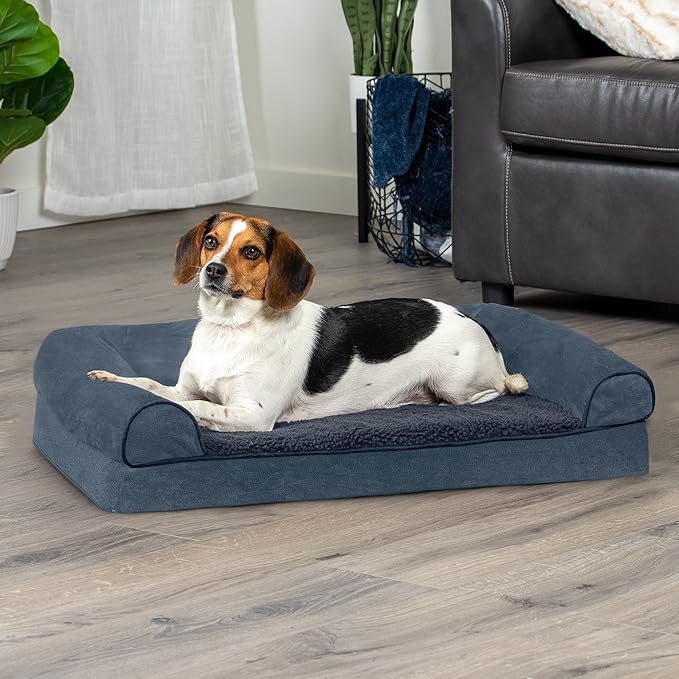 Furhaven Orthopedic Dog Bed for Medium/Small Dogs w/ Removable Bolsters & Washable Cover, For Dogs Up to 35 lbs - Sherpa & Chenille Sofa - Orion Blue, Medium-PurrikoPets
