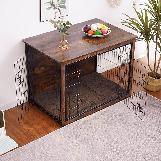 DWANTON Dog Crate Furniture with Cushion, Wooden Kennel Table with Double Doors, Indoor Dog House, Extra Large Size, 43.3" L, Rustic Brown-PurrikoPets