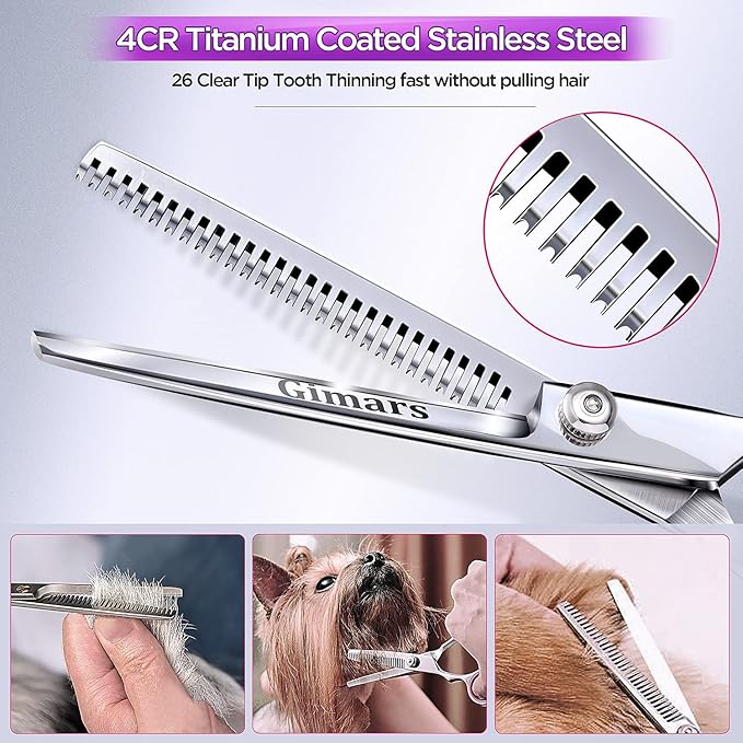 Gimars Professional 4CR Stainless Steel 6 in 1 Grooming Scissors for Dogs with Safety Round Tip, Heavy Duty Titanium Coated Pet Grooming Scissor for Dogs, Cats and Other Animals-PurrikoPets