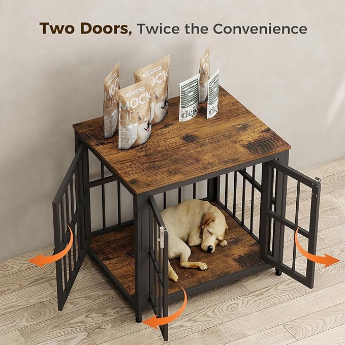 26 Inch Heavy Duty Wooden Dog Kennel End Table with Double Door Design and Secure Locks, Indoor Pet Crate Furniture for Small Dogs, Decorative Home Cage Design,Aged Black-PurrikoPets