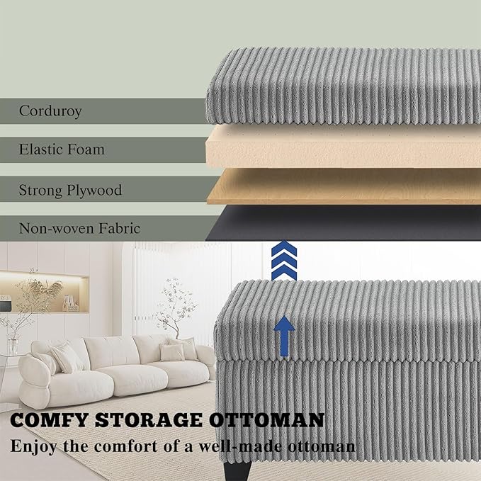 48" Ottoman with Storage, Corduroy Storage Ottoman Bench for Bedroom, End of Bed Bench with Safety Hinge for Living Room, Bedroom, Entryway, Grey-PurrikoPets