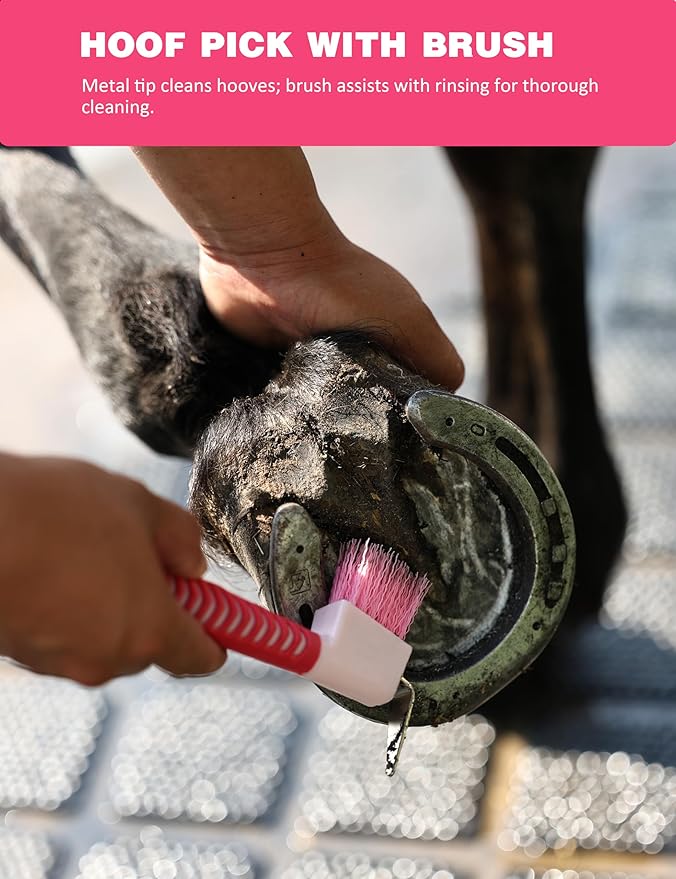 9PCS Horse Grooming Kit Curry Comb Sweat Scraper Horse Bathing Supplies Grooming Tools with Storage Bag Pink Garnet-PurrikoPets