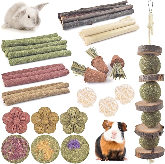 ERKOON Bunny Toys Boredom, 42 PCS Bunnies Timothy Hay Sticks Carrots Rose Grass Cake Dental Care, Molar, Chinchillas Toy Chew Toy, Guinea Pigs, Hamsters, Chinchilla, Rabbit Chew Toys for Teeth-PurrikoPets