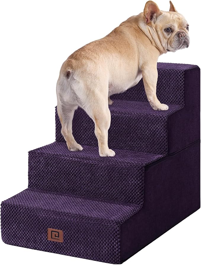 EHEYCIGA Dog Stairs for Bed 18" H, 4-Step Dog Steps for High Bed, Pet Steps for Small Dogs and Cats, Non-Slip Balanced Pet Ramp Indoor, Purple-PurrikoPets