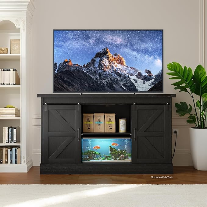 55-75 Gallon Fish Tank Stand with Sliding Barn Doors & Power Outlet, Heavy Duty Aquarium Stand with Cabinet Storage for Fish Tank, Turtle Tank, Reptile Terrarium, 1000LBS Capacity, Black-PurrikoPets