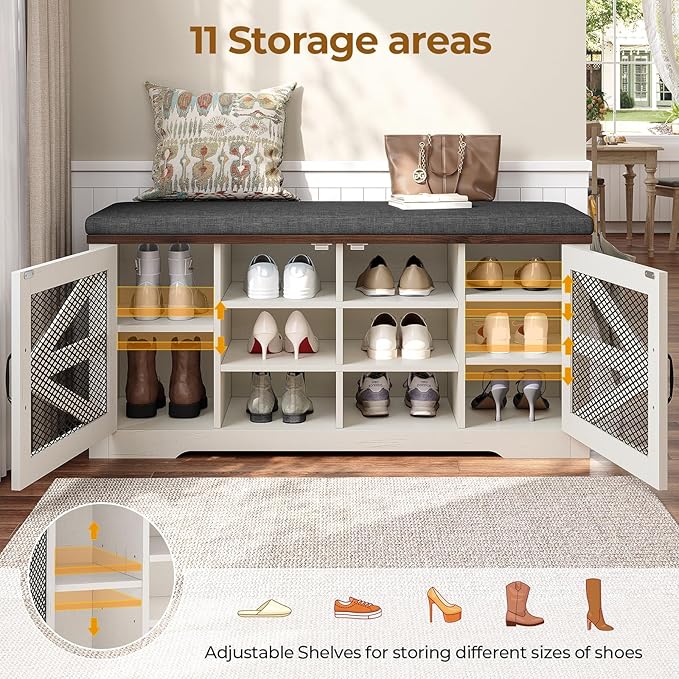 Farmhouse Storage Bench with Cushion, Metal and Wood Shoe Rack Organizer, Adjustable Shelf, Shoe Cabinet with Half Hidden Storage Space, for Entryway, Bedroom, Living Room (Old White, 43.3in)-PurrikoPets