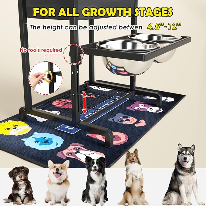 Elevated Dog Bowls, Height Adjustable Raised Dog Bowl Stand (4.5'' to 12''), Organizer Bowl Holder for Large Medium Dogs-PurrikoPets