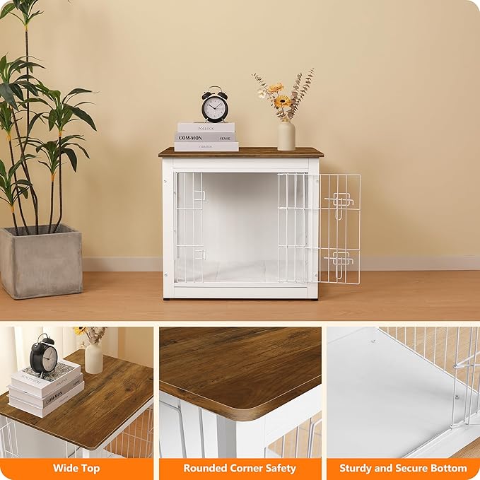 DWANTON Dog Crate Furniture with Cushion, Wooden Kennel Table with Double Doors, Indoor Dog House, Small/Medium/Large Size, 27.2" L, White+Warm Brown-PurrikoPets