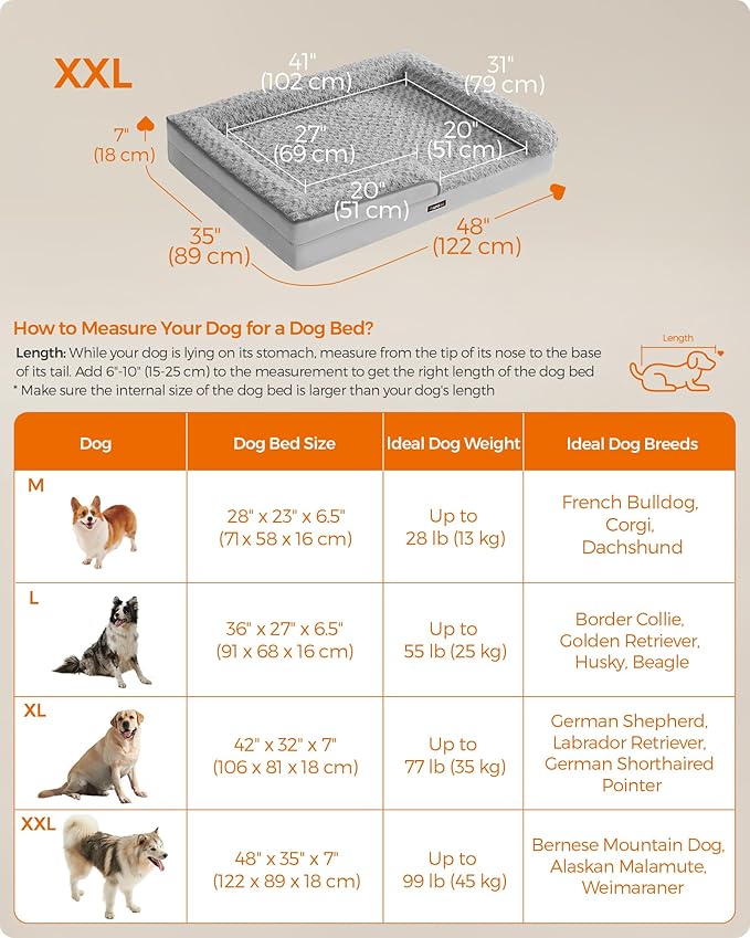 Feandrea Orthopaedic Dog Bed for Large Dogs, Waterproof Dog Sofa Bed with Removable Washable Cover, 48 x 35 x 7 Inches, Dove Gray UPGW254G01-PurrikoPets