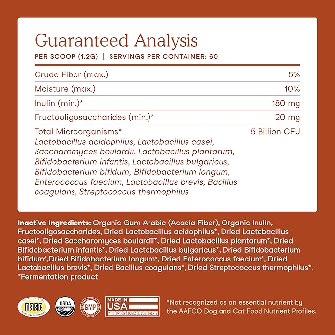 Fera Pets Probiotics for Dogs & Cats with Prebiotics - USDA Organic - Gut Health Powder Supplement with 12 Strains and 5 Billion CFUs - Supports Immunity, Energy and Skin & Coat - 60 Scoops-PurrikoPets