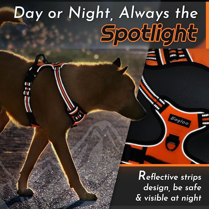 Eagloo Dog Harness for Large Dogs, No Pull Service Vest with Reflective Strips and Control Handle, Adjustable and Comfortable for Walking, No Choke Pet Harness with 2 Metal Rings, Orange, XL-PurrikoPets