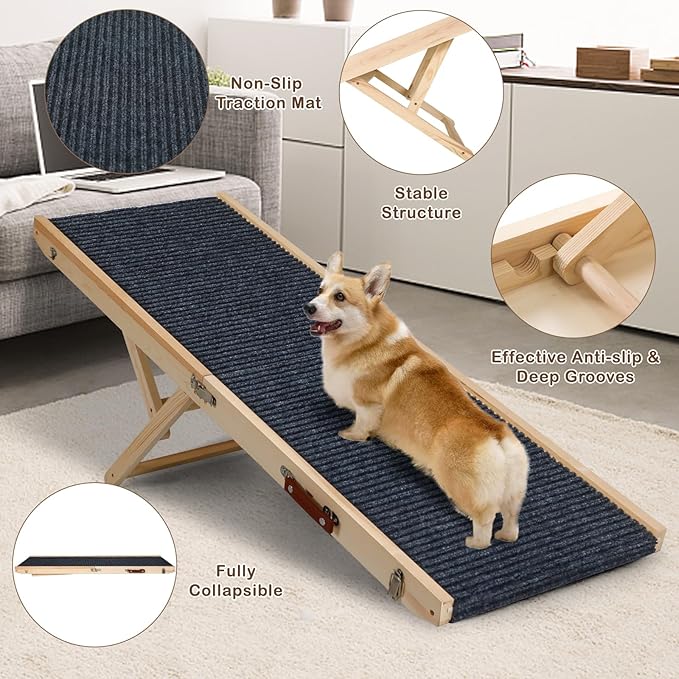 Folding Dog Ramp Safety, Wooden Adjustable Height Pet Ramps, Potable Dog Steps with Non-Slip Traction Mat, Dog Step for Bed, Dogs Stairs for SUV Car, Couch, Safe,Height Bed-PurrikoPets