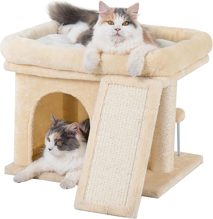 14in Cat Tree Tower with Large Perch, 20 * 16.5 Inch Top Bed for Adult Cats, Scratching Post with Bed for Kittens, Beige-PurrikoPets