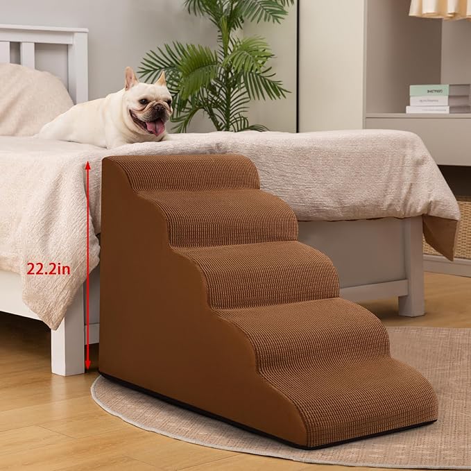 5-Step Dog Stairs and Ramp for High Bed,Non-Slip Sturdy Pet Steps for Small Dogs and Cats,22.2" H,Brown-PurrikoPets