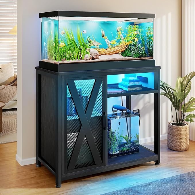 DWVO 40-50 Gallon Aquarium Stand with Power Outlets & LED Light, Cabinet for Fish Tank Accessories Storage - Metal Fish Tank Stand Suitable for Turtle Tank, Reptile Terrarium, 660LBS Capacity, Black-PurrikoPets