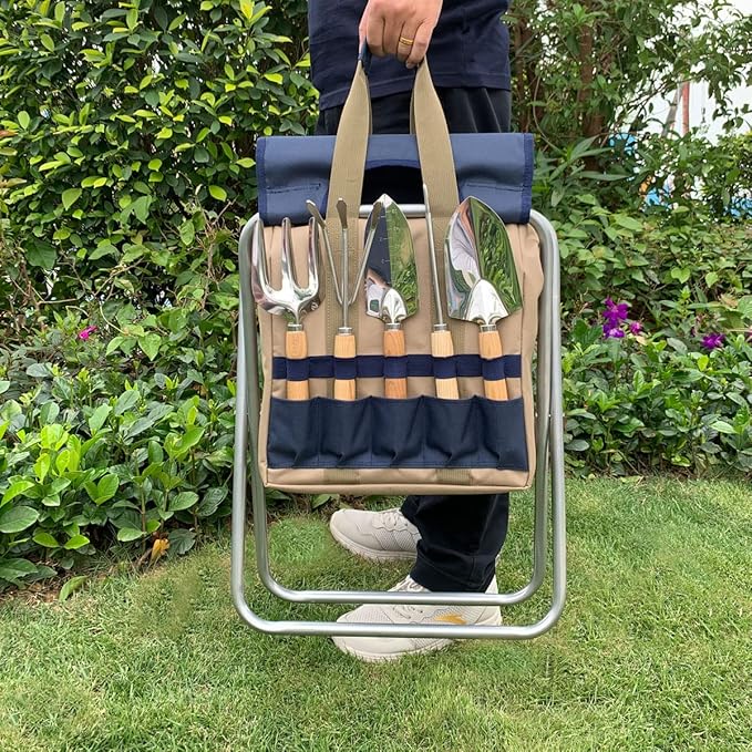 Garden Folding Gardener Stool with Gardening Tools Insulation Garden Bags Plus 5 Garden Tools and Gardening Kneeler Ideal Gift for Mother's Day/Father's Day (Navy Blue)-PurrikoPets