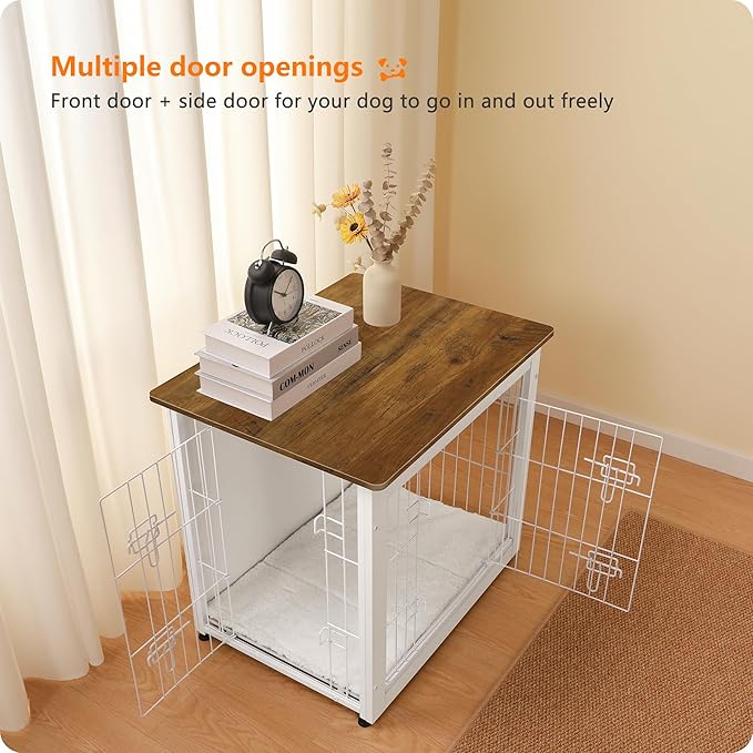 DWANTON Dog Crate Furniture with Cushion, Wooden Kennel Table with Double Doors, Indoor Dog House, Small/Medium/Large Size, 27.2" L, White+Warm Brown-PurrikoPets