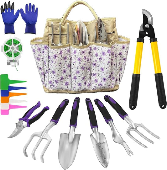 41-Piece Premium Gardening Tool Set, Stainless Steel Heavy Duty Gardening Tool Kit, with Non-Slip Rubber Grip, Storage Tote Bag, Outdoor Hand Tools, Ideal Gardening Gifts for All (Purple Floral)-PurrikoPets