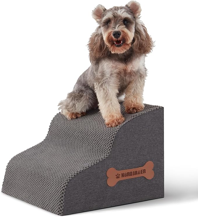Dog Stairs for Small Dogs and Cats, 2 Steps Pet Stairs to Get on Couch Sofa and Chair, Indoor Non-Slip Balanced Portable Pet Step, High-Density Foam Ramp with Removable Washable Cover, Grey（11.8" H）-PurrikoPets