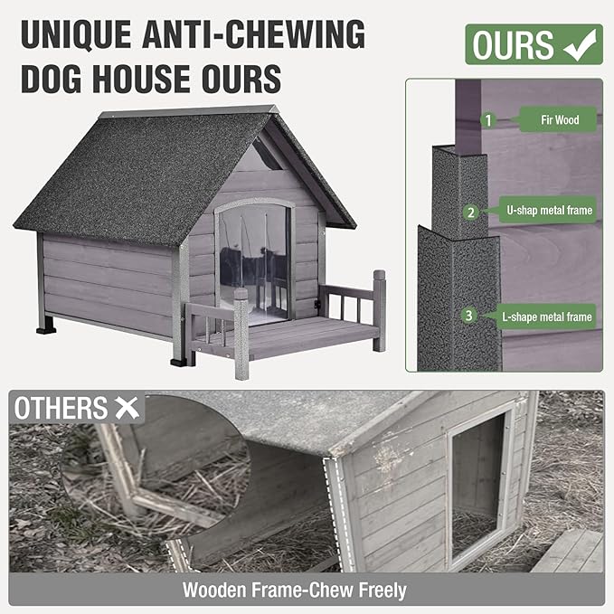 Dog House Outdoor Insulated for Winter, Puppy Kennel with Anti-Chewing Iron Frame, Weatherproof Dog Crate with Insulated Liner for Small Medium Large Dogs (Grey, 45" x 32.9" x 32.6")-PurrikoPets