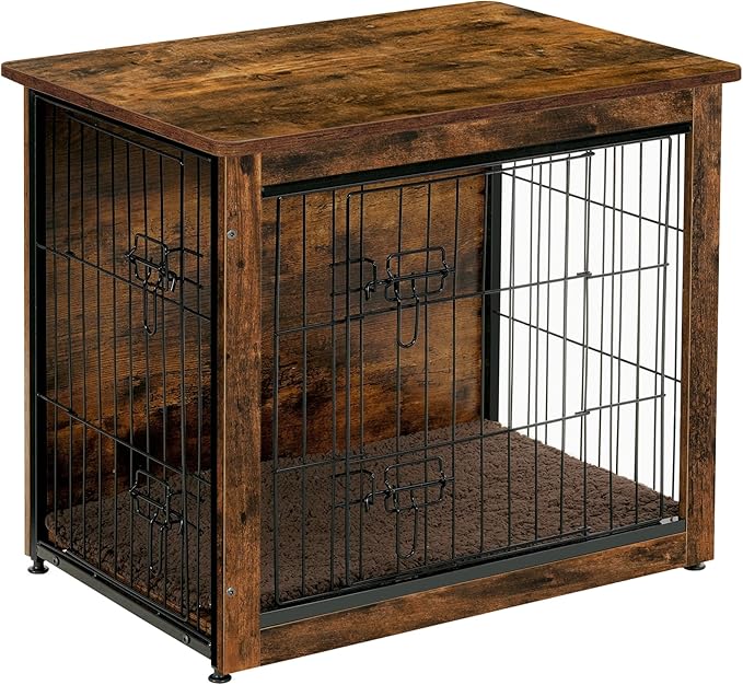 DWANTON Dog Crate Furniture with Cushion, Wooden Kennel Table with Double Doors, Indoor Dog House, Small/Medium/Large/Extra Large Size, 27.2" L, Rustic Brown-PurrikoPets