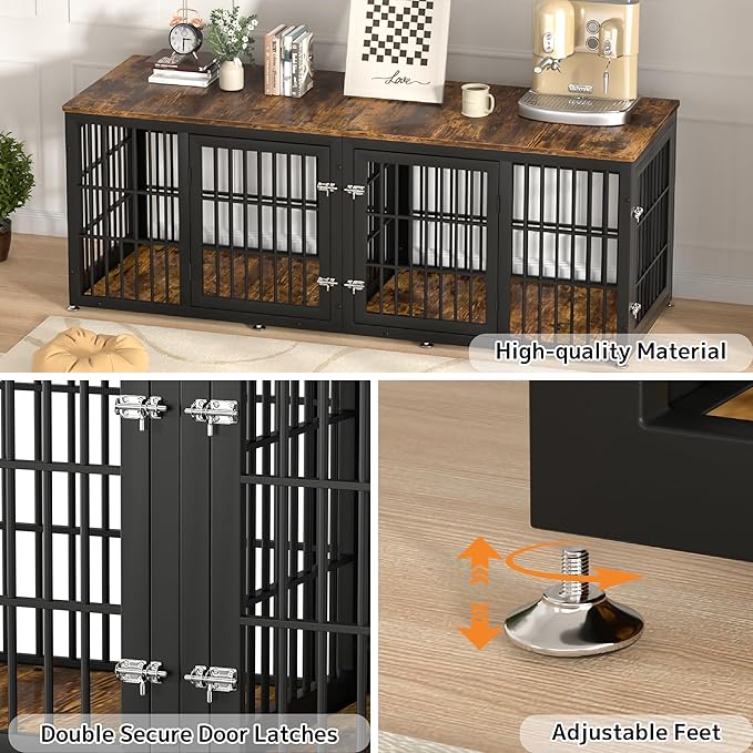 78 Inch Double Dog Crate Furniture, Heavy Duty Extra Large Cage Furniture with Divider for 2 Dogs, Decorative Wooden Kennel Furniture Indoor, Metal Pet House for Large and Medium Dogs-PurrikoPets