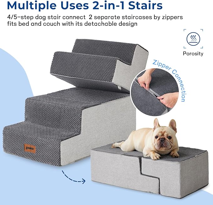 Dog Stairs for Large Dogs - Extra Wide Pet Stairs 2 in 1 with Zippers Suitable for Couch and Bed, Foam Dog Steps with Non Slip Bottom Grey 4 Steps, Grey-PurrikoPets