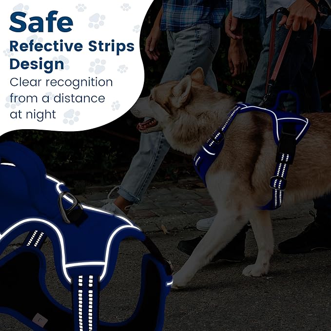 Funfox Dog Harness No Pull, Adjustable Pet Vest Harness, Super Soft Material with Vertical Handle Easy Control, Reflective Night Walking, 2 Leash Clips for Large Dogs, Blue, L-PurrikoPets