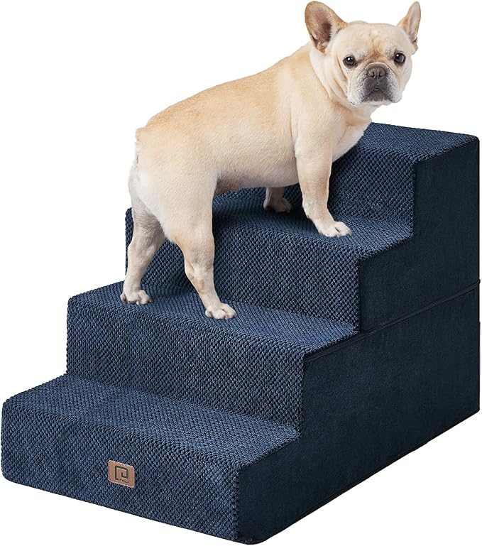 EHEYCIGA Dog Stairs for Bed 20" H, 4-Step Extra Wide Dog Steps for High Bed, Pet Steps for Small Dogs and Cats, Non-Slip Balanced Pet Ramp Indoor, Navy Blue-PurrikoPets