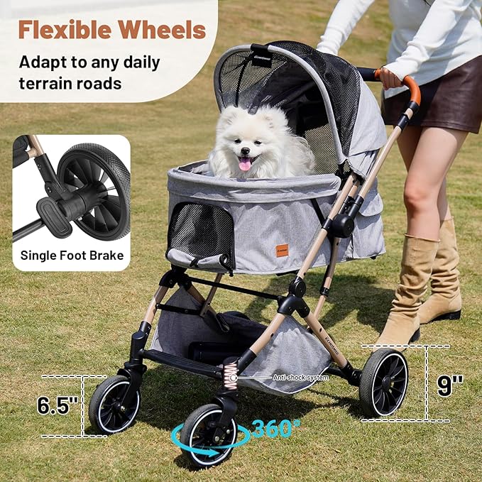 EchoSmile Small Medium Dogs Stroller 4-Wheel Pet Strollers for Medium Dogs Up to 50lbs, One Click Folding Large Cat Stroller, Reversible Handle, Shock Absorbing Wheels, Removable Washable Pad-PurrikoPets