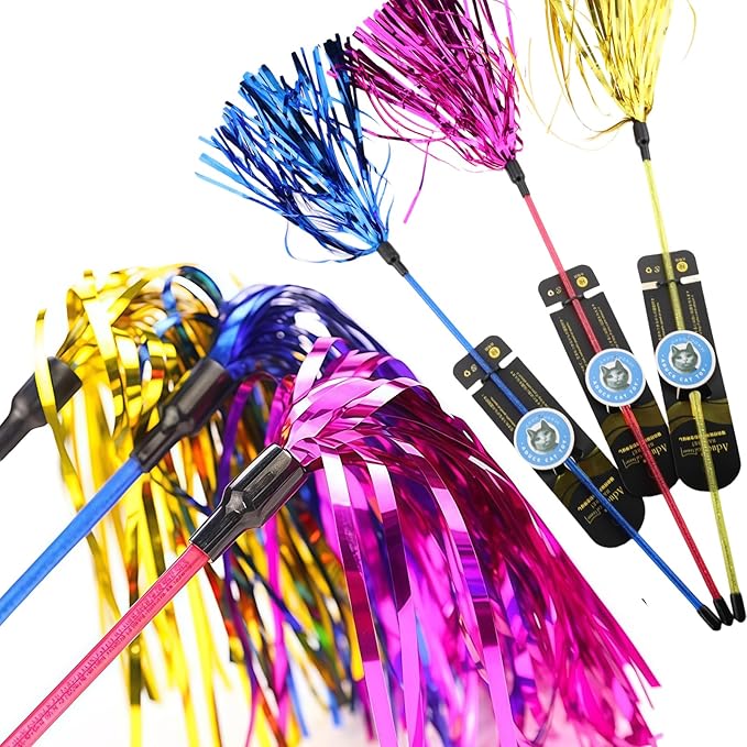 ADUCK Interactive Cat Teaser Wand Toy with Tassels - Durable Cat Chaser for Indoor Kitten Exercise, Boredom Relief & Training Play, Pack of 3 (Gold, Blue, Pink)-PurrikoPets