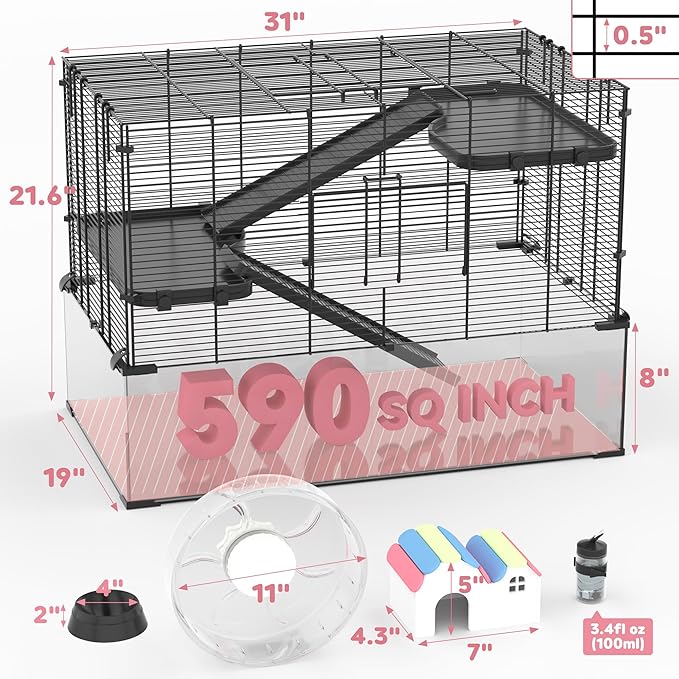 3-Tier Glass Hamster Tank, Large Hamster Cage Habitat with 11inch Big Running Wheel for Rat, Mouse, Gerbil, Syrian Hamster, 590 SQ INCHES-PurrikoPets