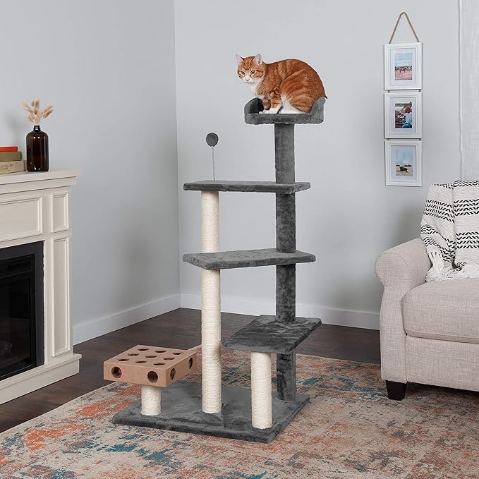 Furhaven 49.5" Tall Cat Tree for Indoor Cats, Ft. Sisal Scratching Posts, Plush Ball Toy, & Busy Box Toy - Tiger Tough Play Stairs Interactive Playground Tower - Gray, One Size-PurrikoPets