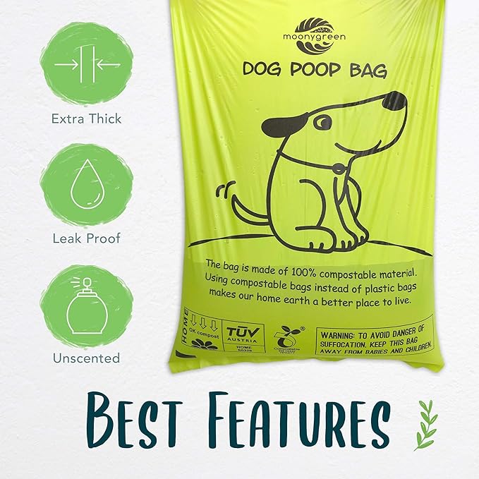 Dog Poop Bag with Holder, Compostable Dog Bags for Poop, Vegetable-Based Doggy Poop Bags, Eco-Friendly, Unscented, Extra Thick and Leak Proof, 120 Counts, 10 Rolls, 9 x 13 Inches-PurrikoPets