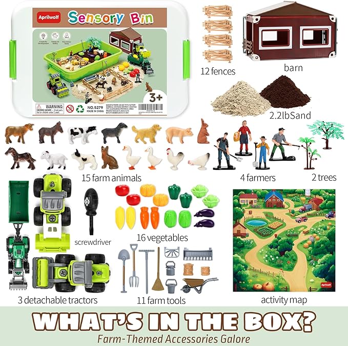69 PCS Farm Sensory Bin Toys Playset, Sandboxes with Sand, Farmer Tractor & Farm Animals Figures Toys for Kids 3 4 5, Gifts for 6 7 Years Old Boys Girls Toddlers-PurrikoPets