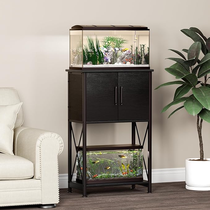 5-10 Gallon Fish Tank Stand, Metal Double Aquarium Stand with Cabinet for Fish Tank Accessories Storage, Heavy Duty 20.5" L* 11.02" W Tabletop, 500LBS Capacity Black PG06YGB-PurrikoPets