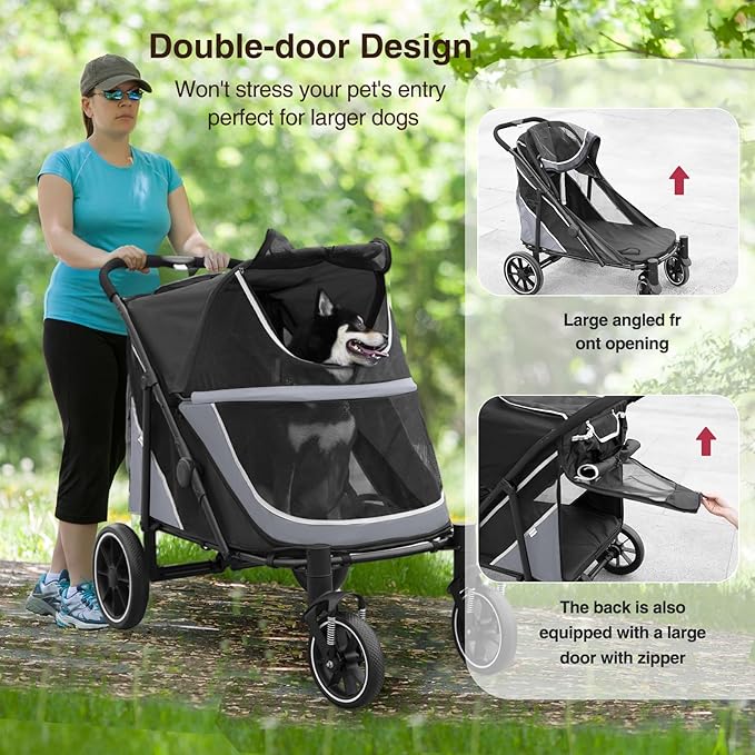 Dog Stroller for Medium/Large Dogs One-Click Folding, Extra Large Pet Stroller for 2 Dogs with Storage Pocket & Shock Absorption, Up to 130 lbs, Grey-PurrikoPets
