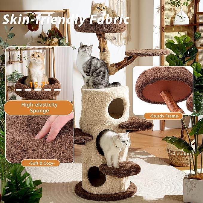54.7'' Modern Cat Tree for Indoor Cats Large Adult, Wood Cat Tree with 3 Spacious Condos, Luxury Cat Tower with Cozy Perch, Scratching Post, Sturdy Kitty House Furniture for Small Medium Large Cats-PurrikoPets