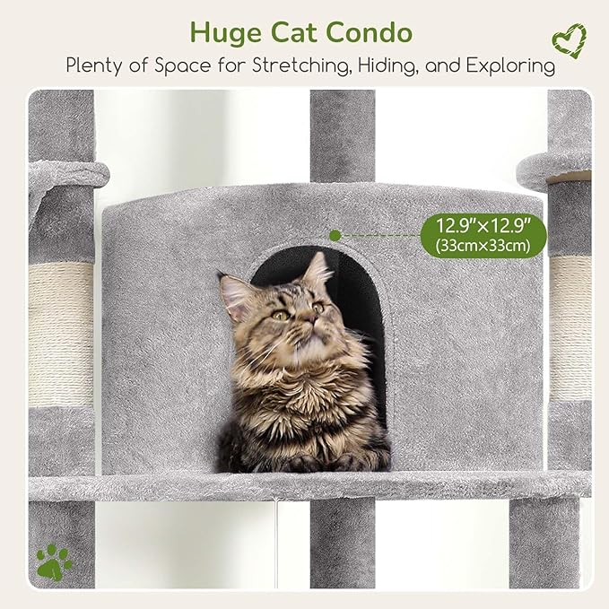 Globlazer Corner Cat Tree Tower for Indoor Cats, 51in Multi-Level Cat Condo Tower with Large Hammock, 7 Sisal Scratching Posts, Oversized Top Perch, Spacious Cat Cave, Hanging Basket, C51, Light Gray-PurrikoPets
