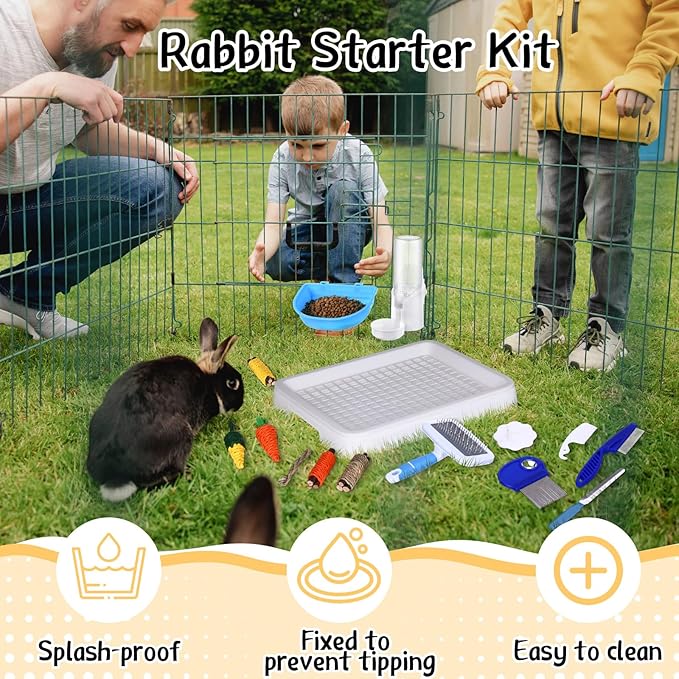 19 Pcs Rabbit Starter Kit Small Bunny Litter Box Animal Grooming Kit Water Bottle Bunny Toys Hay Feeder Bowl Blankets with Cleaning Set for Guinea Pig Rabbit Accessories (White)-PurrikoPets
