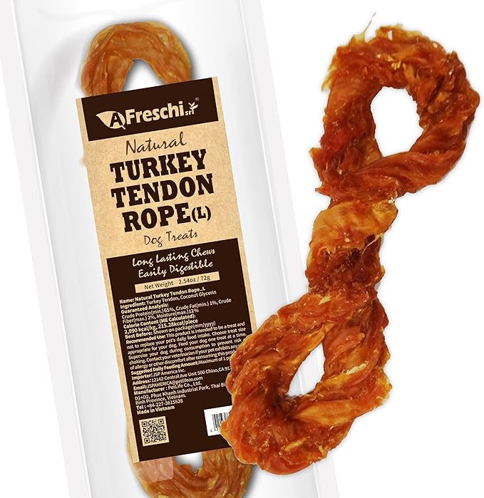 Afreschi Natural Turkey Tendon Rope (L) 1 Unit per Pack, Dog Treats for Signature Series, All Natural Human Grade Puppy Chew, USA-Sourced Turkey Tendon, Hypoallergenic, Rawhide Alternative-PurrikoPets