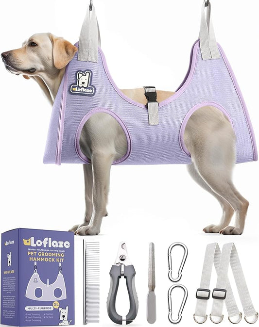 Dog Grooming Hammock Harness for Dogs & Cats with Pet Nail Clipper Trimmer - Cat Hanger Sling for Trimming Clipping Nails- Dog Hammock Restraint Bag for Small Medium Large pet （ Purple XL）-PurrikoPets