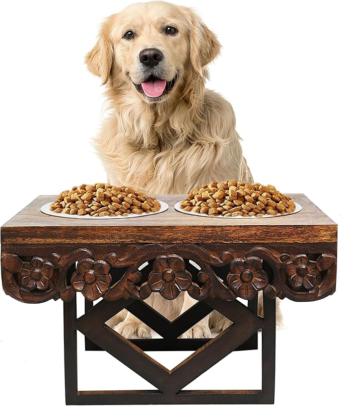 Elevated Pet Feeder for Dogs and Cats - The Bali Carved Wood Pet Feeding Stand with Two Stainless Steel Bowls - Three Heights Adjustable Raised Dog Bowl - Food Water Pet Feeding Station - IRONGATE-PurrikoPets