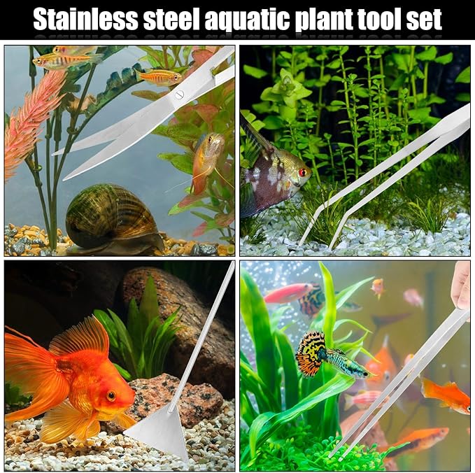 15Inch Extra Long Design Aquarium Aquascaping Tool Stainless Steel Aquascape Tools Kit 4 in 1 Anti-Rust Fish Tank Starter Kit with Long Tweezers Scissors Spatula for Aquarium Plants (Silver)-PurrikoPets