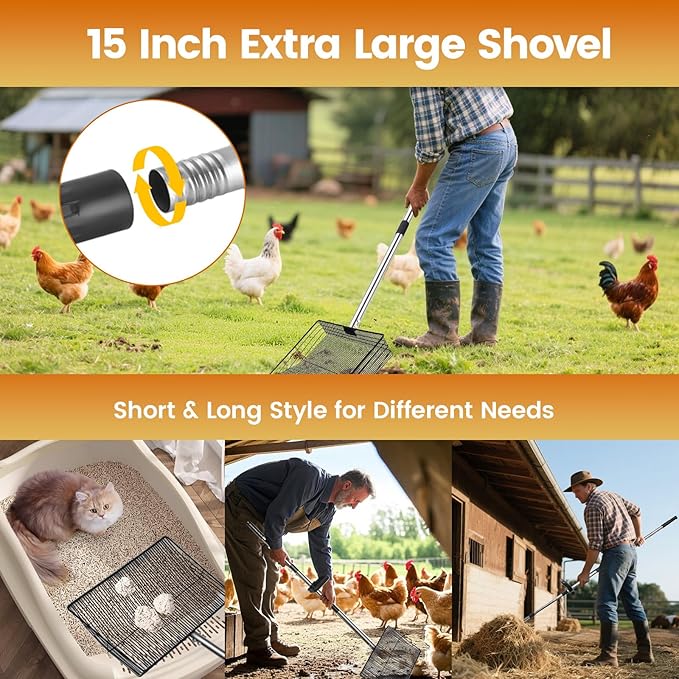 15 inch Extra Large Chicken Poop Scooper with Ergonomic Grip,5-in-1 Heavy Duty Adjustable Coop Scoop for Poop (24 to 68"), Stainless Steel Sifting Litter Shovel Scoop for Chicken Coop-PurrikoPets